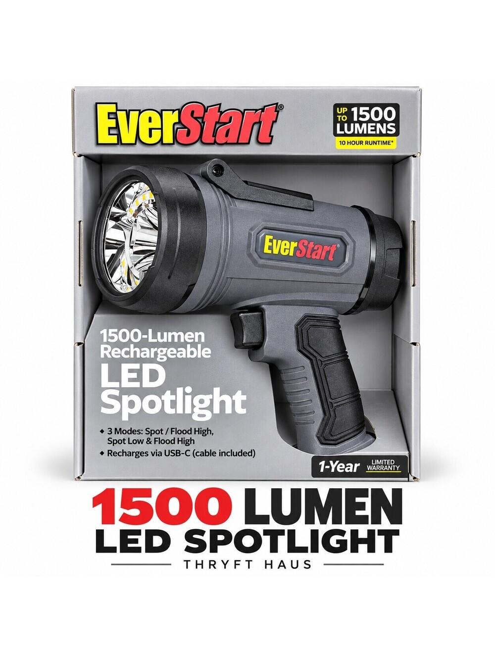 EverStart 1500-Lumen Rechargeable LED Spotlight with USB-C Charging